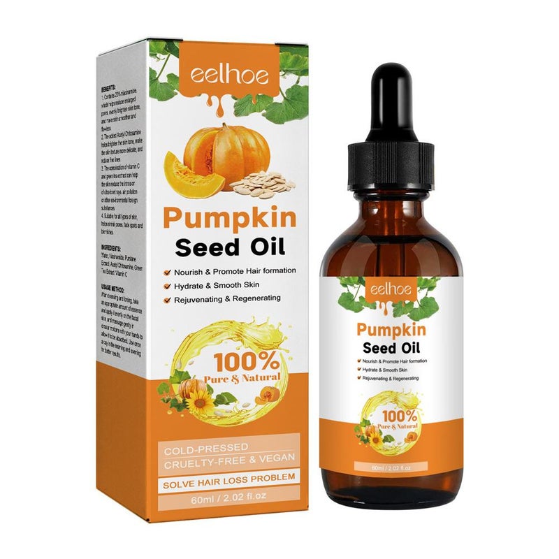 Pumpkin seed oil: Moisturizes and repairs hair roots, promotes thicker, stronger, and smoother hair – a hair care oil.